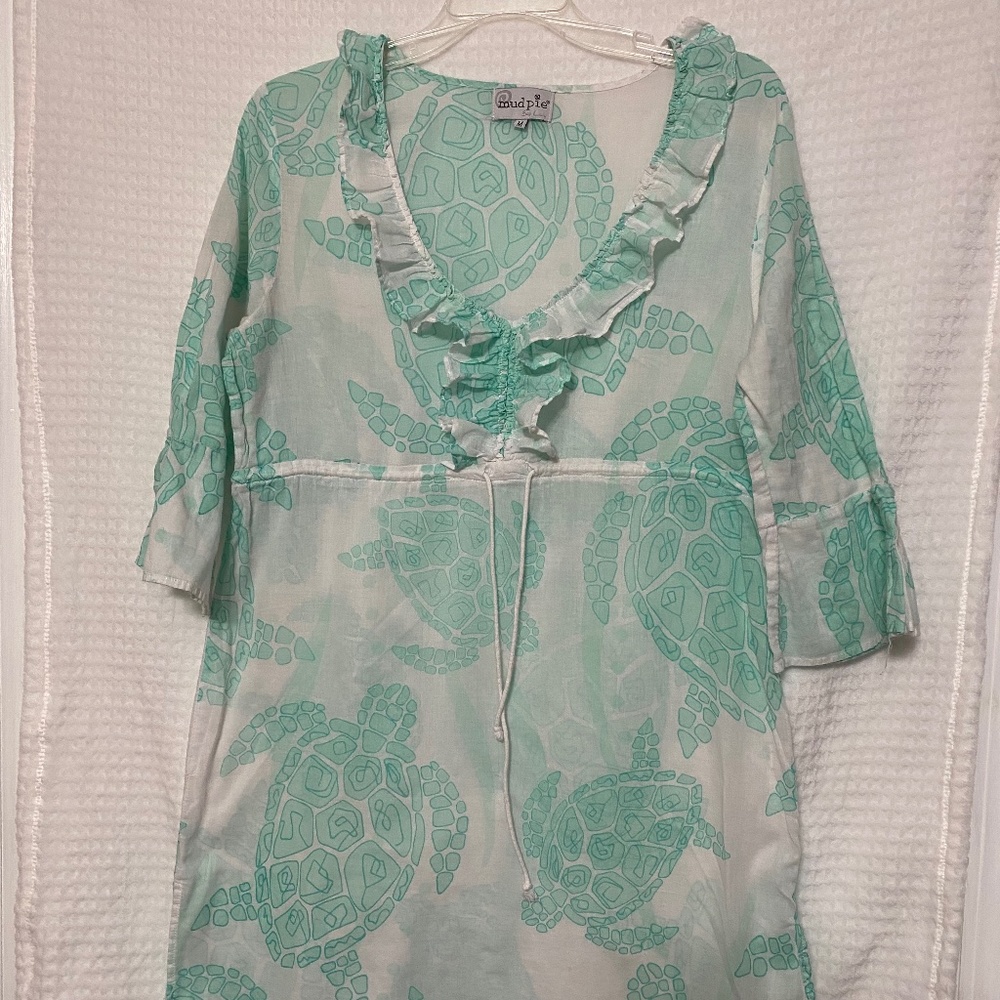 Mud Pie Teal Turtle Print Swim Beach Cover Up Dress Size M